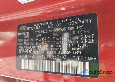 2017 Hyundai Tucson Sport z USA, uszkodzony, nr VIN KM8J33A29HU362793